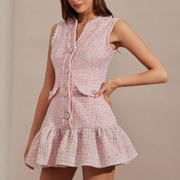 MODA ME COUTURE Dresses & Skirts - Pink Elegant Women's Floral Tweed Mini Dress
